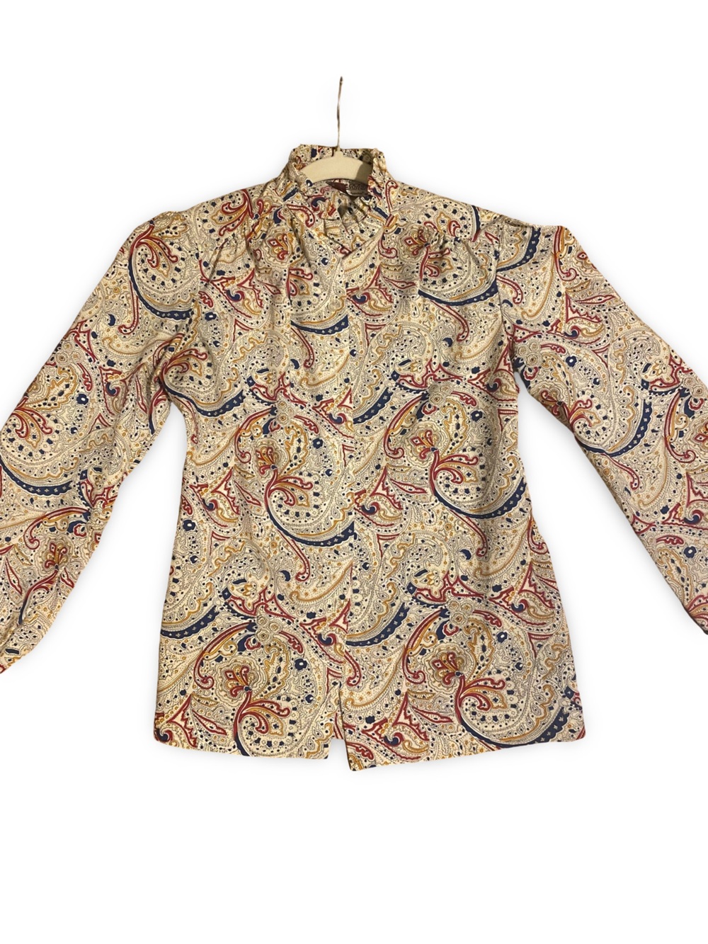 Vintage Paisley Button-Down Blouse- white with Red & Navy Accents